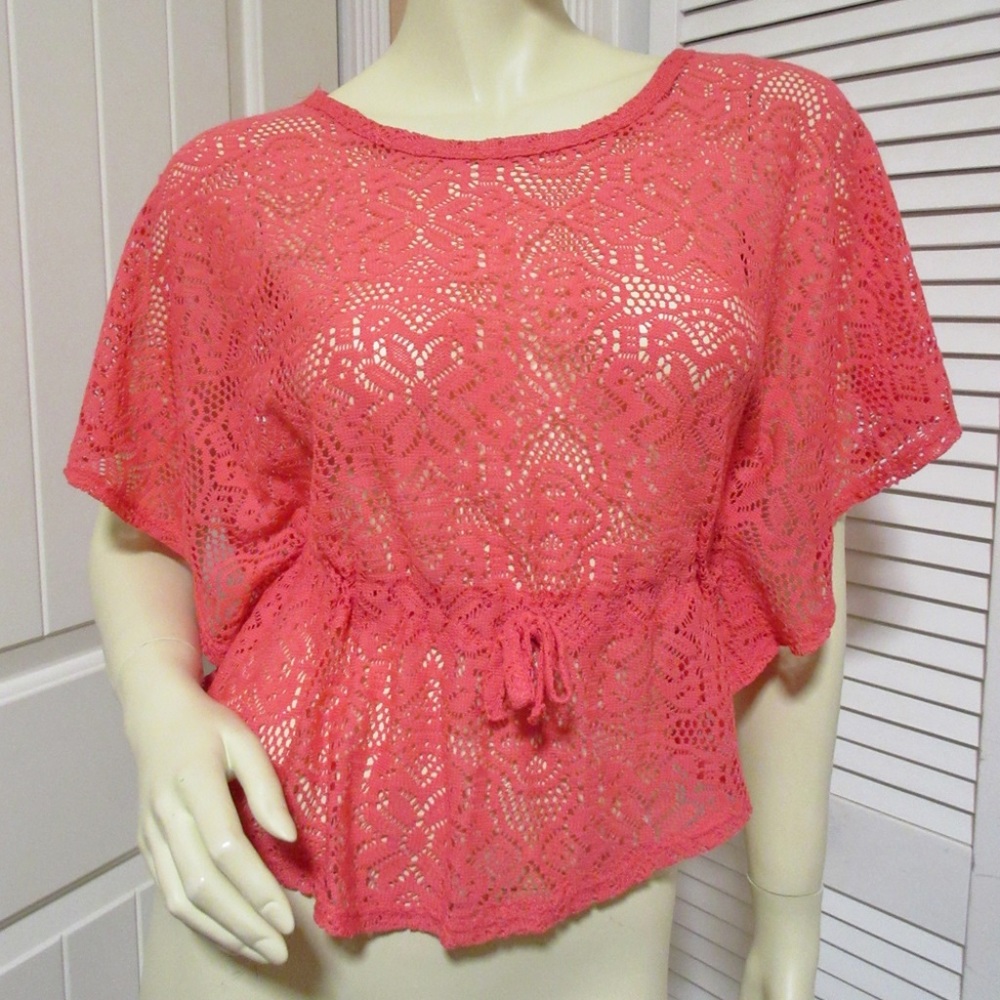 Vintage Y2K 80s 90s Beautees Girls Floral Lace Top M See Through Orange Princess